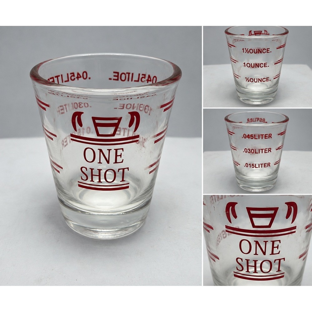 One Shot Measuring Shot Glass 1.5 oz Ounce Liter Markings Clear Red Barware